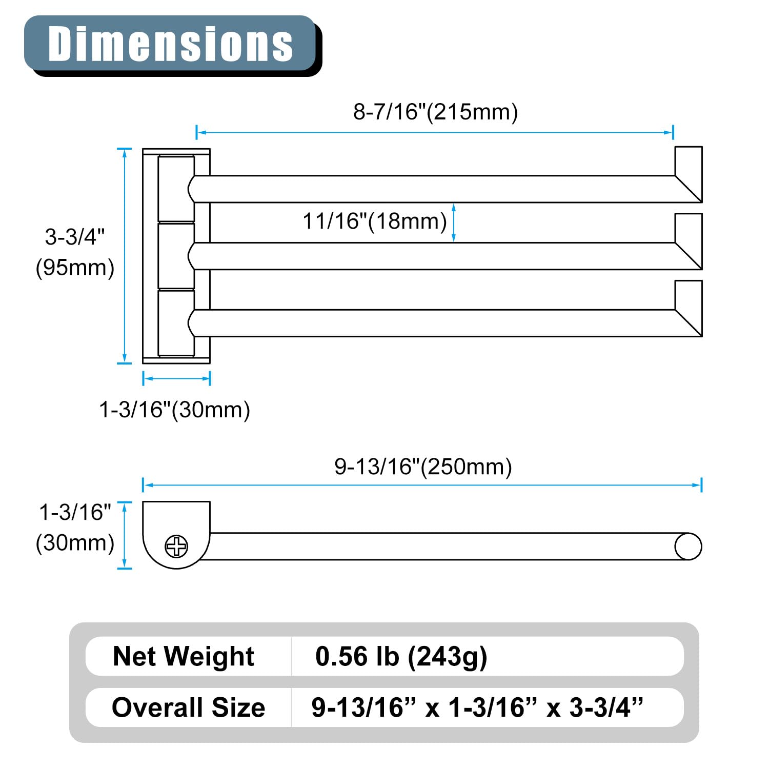 Angle Simple Swivel Hand Towel Rack 3 Bars Polished Chrome, 304 Stainless Steel Bathroom Towel Holder Wall Mount